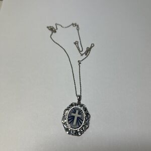 925 Sterling Silver Blue Cross Oval Cameo Crystal Pendant 18” - READ